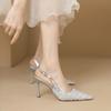 French Style Women's Pointed Toe Thin Heel Sandals 2025 Spring Summer New Glitter Fabric One-Piece Button French Dress Prom Shoe