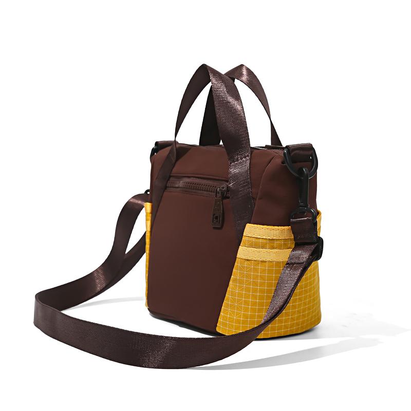 Colorblock Nylon Mini Tote Bag with Grid Pattern Front Pocket Crossbody Casual Small Shoulder Purse for Daily