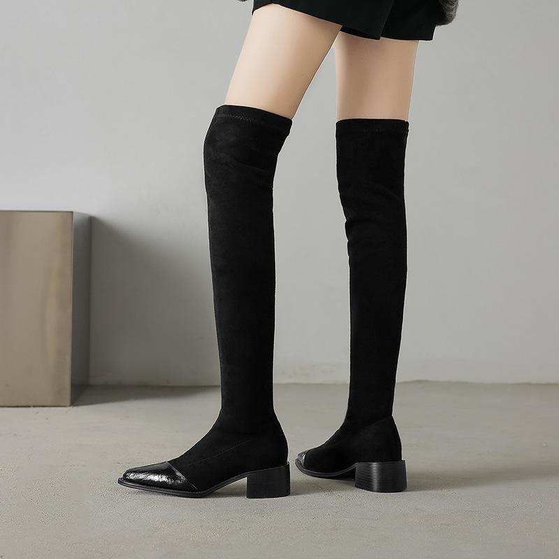 Modische Patchwork Elastische Wildleder Overknee Stiefel Skinny Ritterstiefel Dicke Mittelhohe Stiefel 33-43 Stiefel