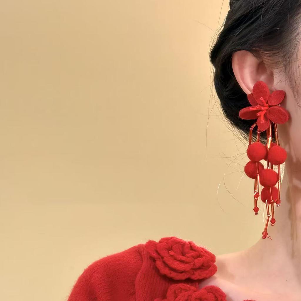Red hairball flower fringed stud earrings European and American versatile earrings women