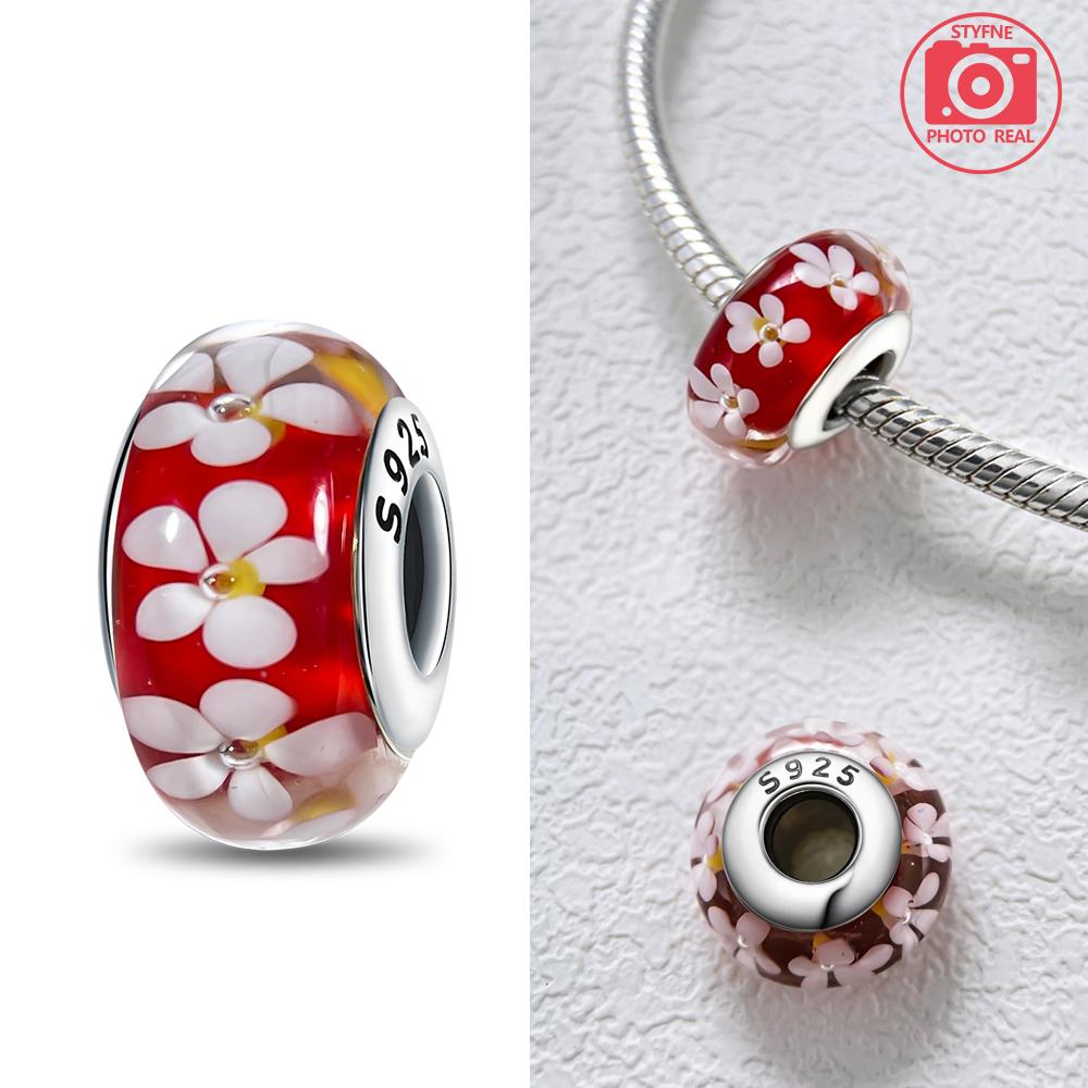 Pink Flowers Murano Original Glass Beads Copper Colors For Charms Copper Colors Original Bracelet For Jewelry Making