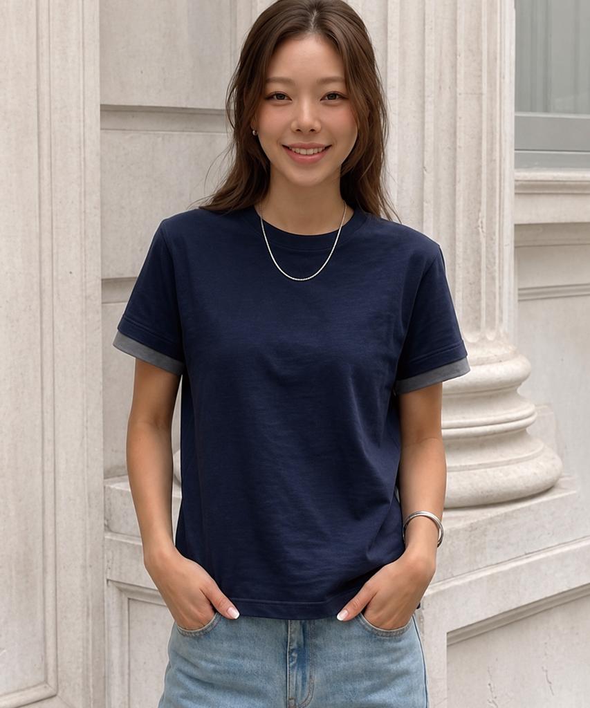 VANNWORKS [Crop] Layered Roll-Up Short Sleeve T-Shirt (Vs0301) Navy