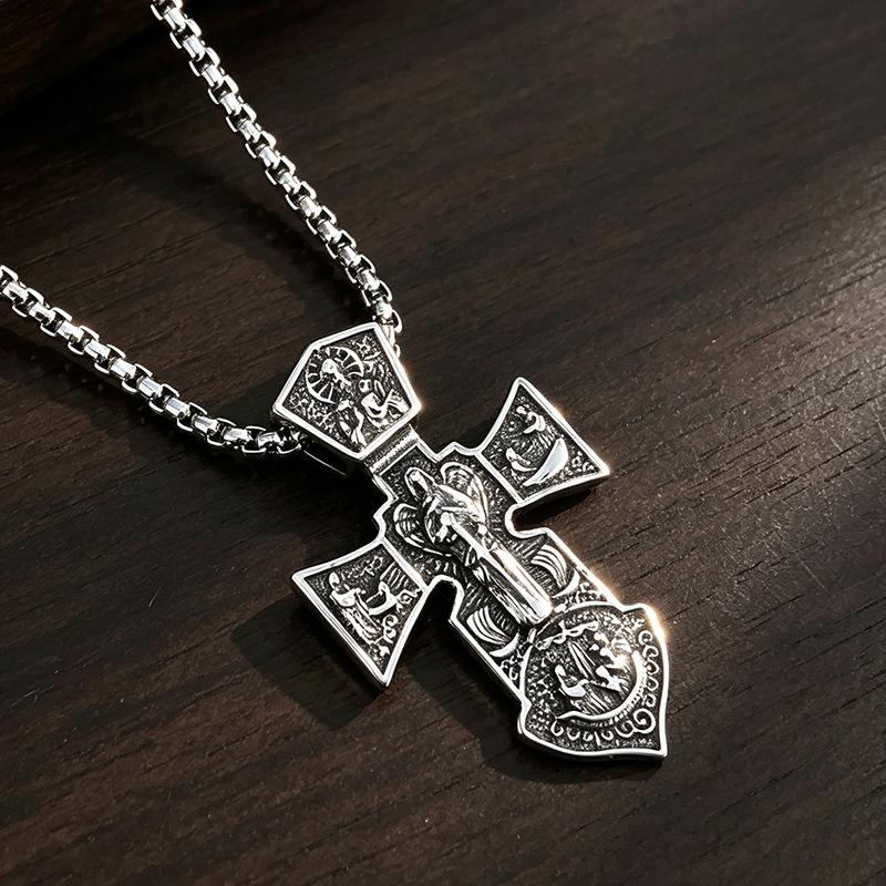 Men's Vintage Distressed Eastern Orthodox Cross Necklace Titanium Steel