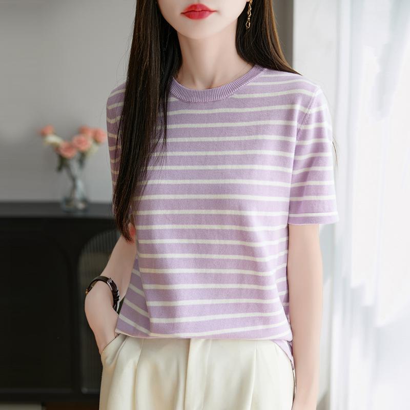 

Xia Xin Korean Version of Pure Cotton Fashion Round Neck Short-sleeved Women s Versatile and Thin Striped T-shirt Comfortable and Breathable Top XXL фиолетовый