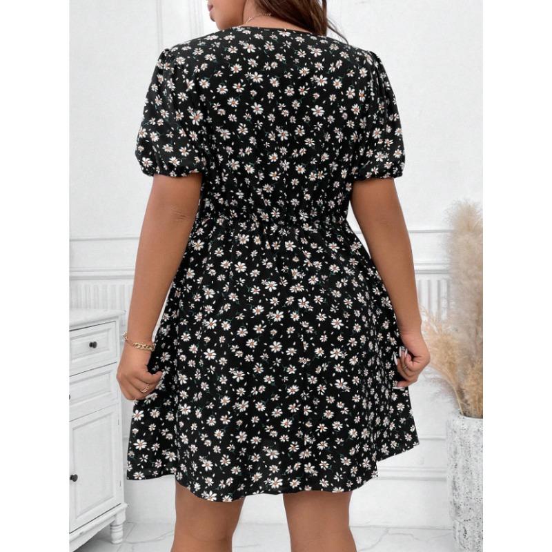 Women's Large Size Casual Waist Lantern Short-sleeved Dress Bohemian V-neck Loose Small Floral Skirt