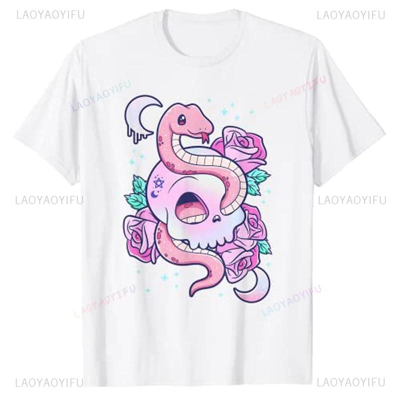 Kawaii Pastel Goth Cute Creepy Witchy Cat and Skull T-Shirt Cartoon Creepy-Skull Serpent Snake Roses Shirts 3 Headed Dog Clothes