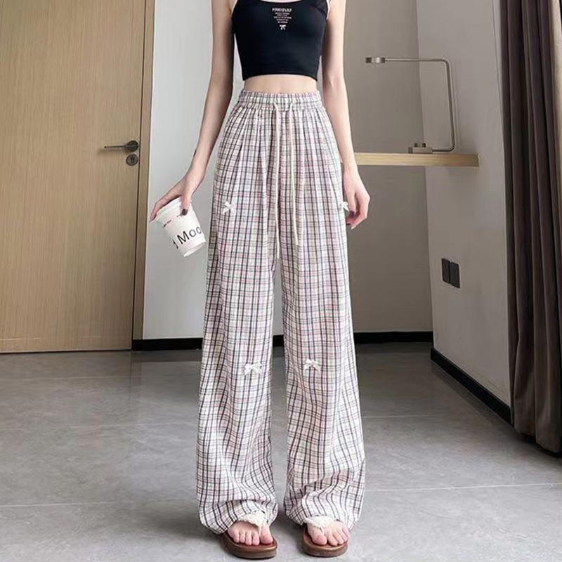 Women's Patchwork Color Contrast Plaid Loose Mopping Casual Fashion Wide Leg Pants
