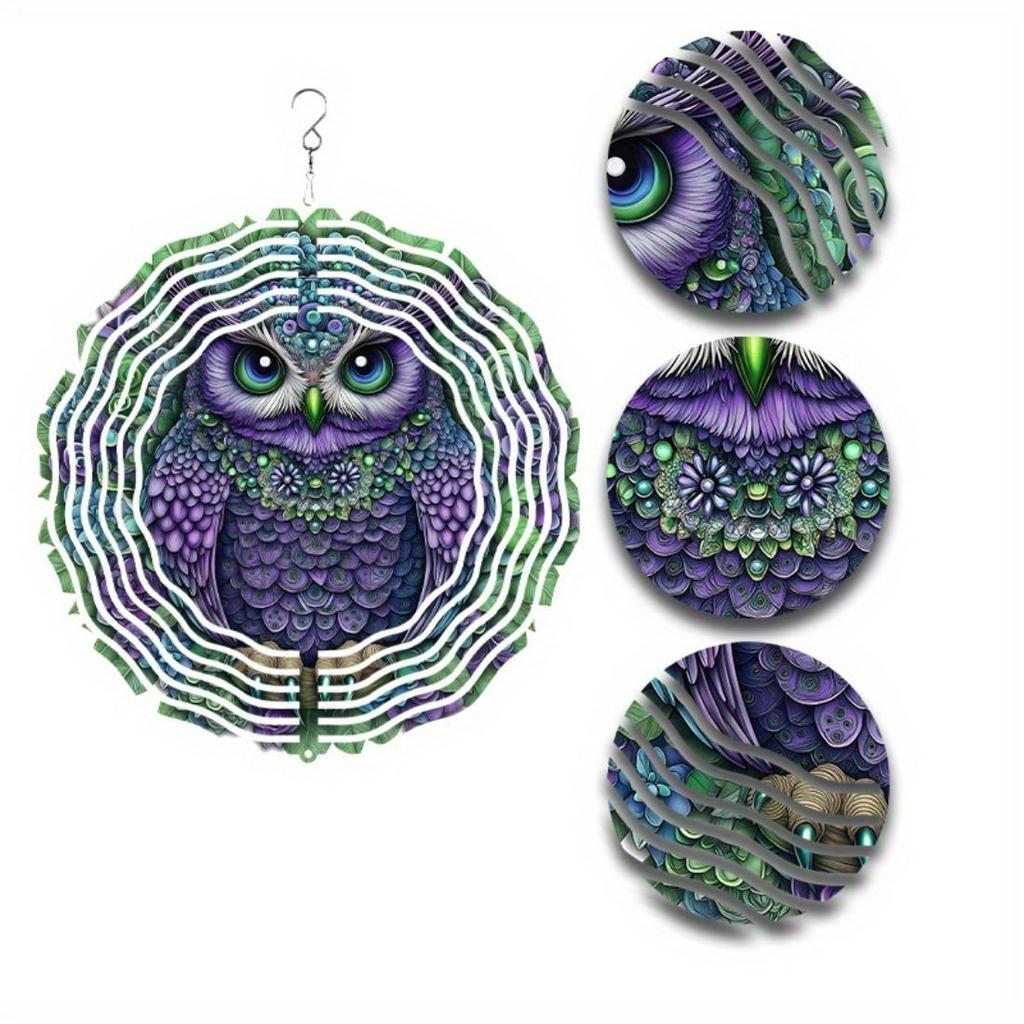 Vibrant 10-Inch Metal Wind Chime with Colorful Owl Design, 360° Rotating Hook - Battery-Free