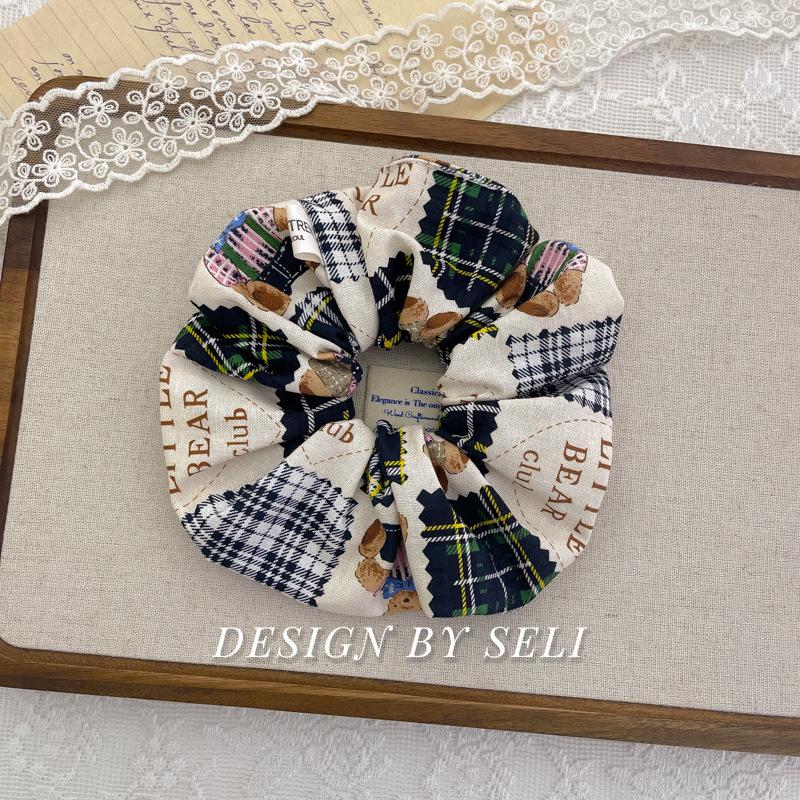 Patchwork Bear Cartoon Vintage Scrunchie Korean Elegant Color Block
