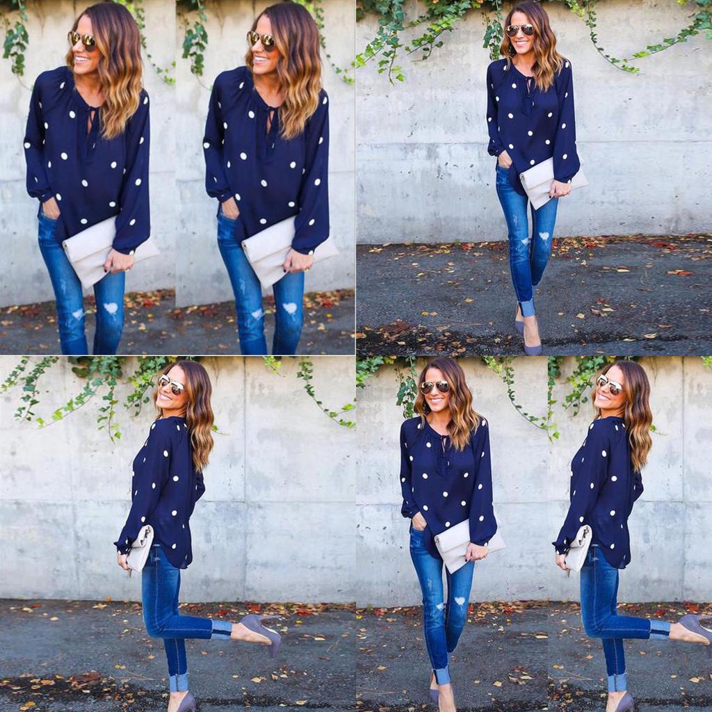 Premium Quality Woman O Neck Long Sleeve Casual Polka Dot Blue Blouse For Everyday Comfort