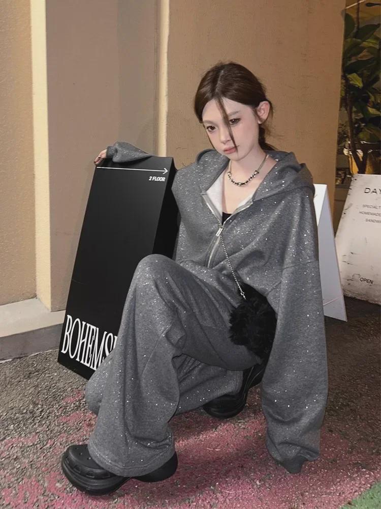 Women's Korean-Style Autumn Sporty Tracksuit: Casual Loose Cardigan Sweatshirt & Petite Sweatpants Two-Piece Set