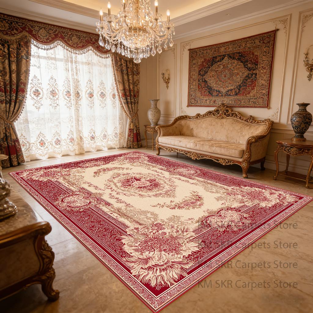 European Style Retro Red Living Room Carpet Washable Antiskid Decoration Bedroom Luxury Rug Soft Large Area Kitchen Study Mat