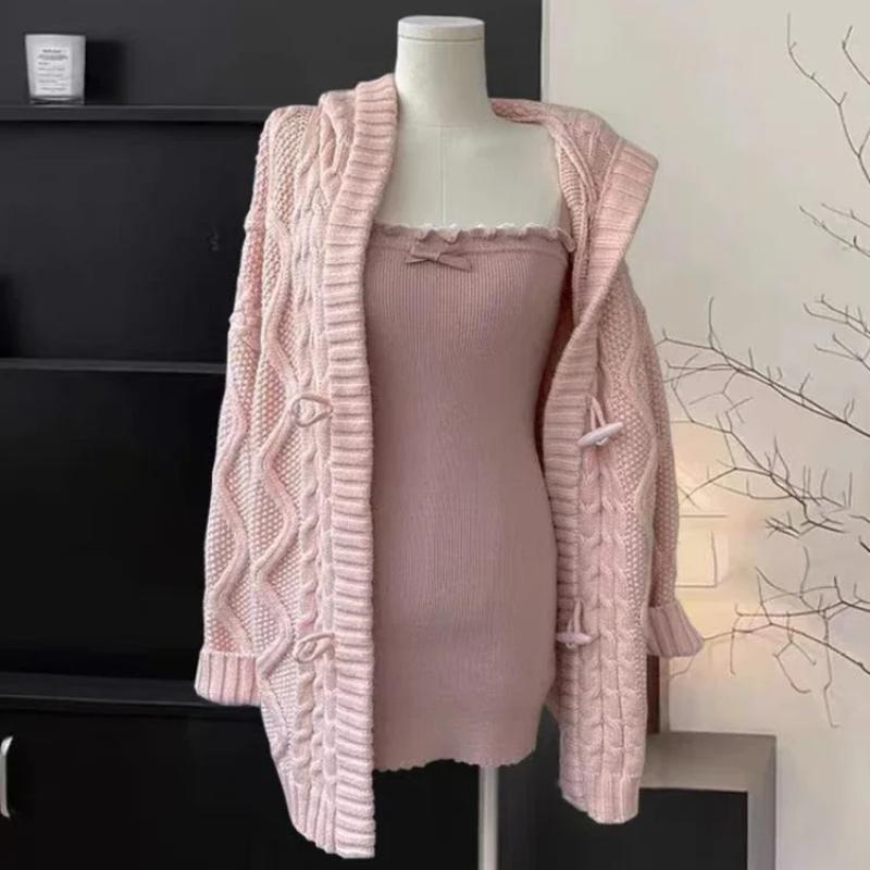 2023 Japanese Sweet Knitted Dress Suits Women Casual Hooded Sweater Cardigan + Y2k Slim Sexy Strap Dress Elegant 2 Piece Set New