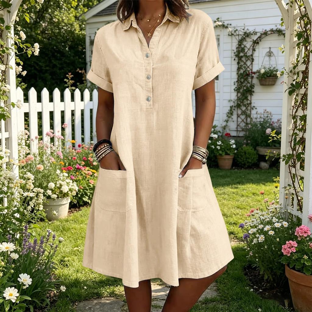Women Casual Loose Fit Short Sleeve Dress with Lapel Collar Button Front and Pockets Comfortable Summer Dress