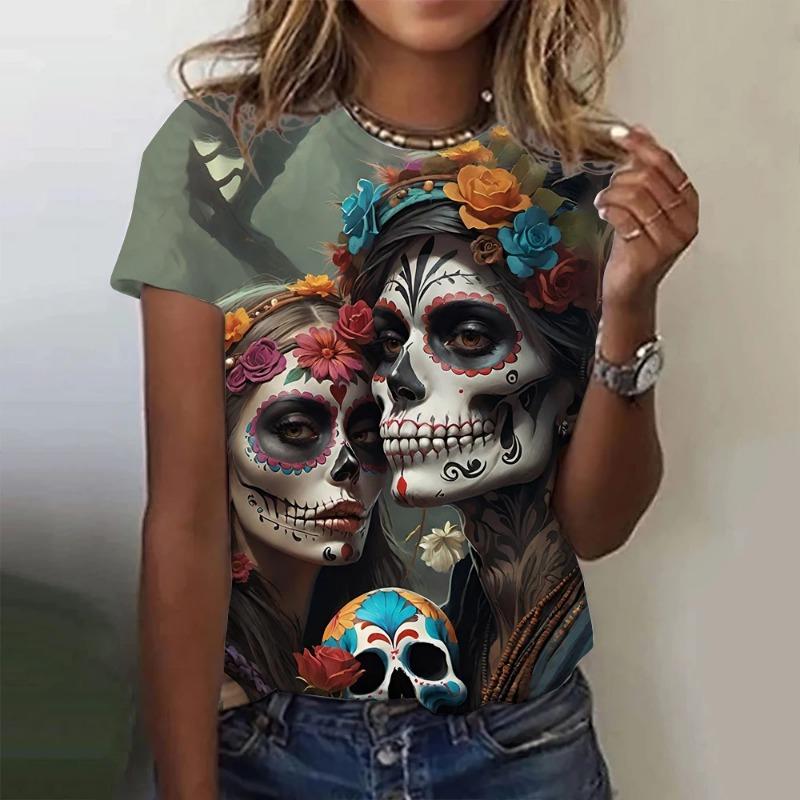Damen T-Shirt für Mädchen Sommer Kurzarm Lässig Mode Sexy Mädchen Kleidung Horror Untote Schädel Muster Übergroße T-Shirts