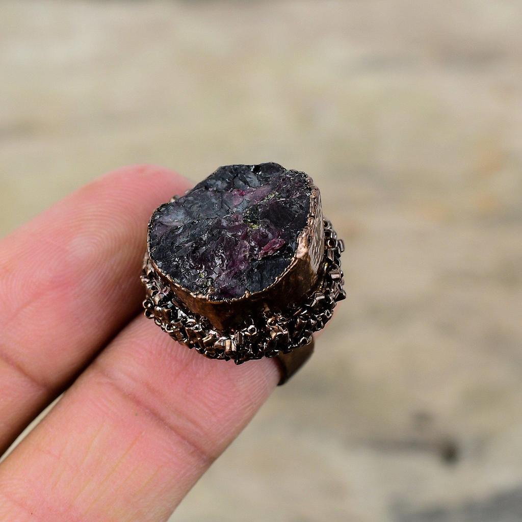 Pink Tourmaline Rough Ring Electroformed Copper Ring Adjustable Ring Handmade Jewelry Gemstone Rings Electroformed Jewelry Engagement Rings
