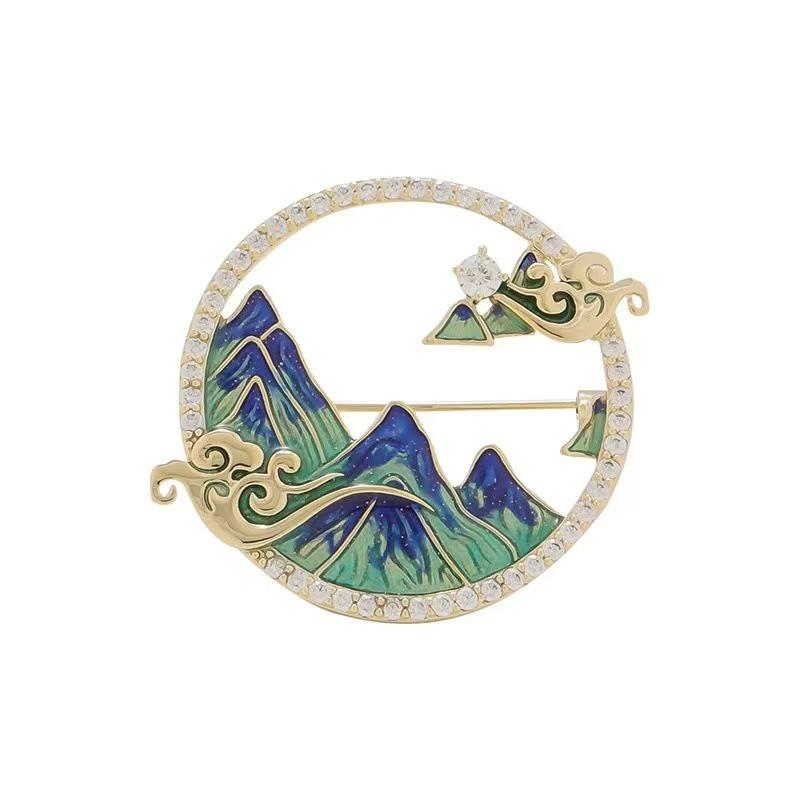 Exquisite Chinese Mountain & River Brooch: Unisex Creative Suit Pin & High-End Metal Gift