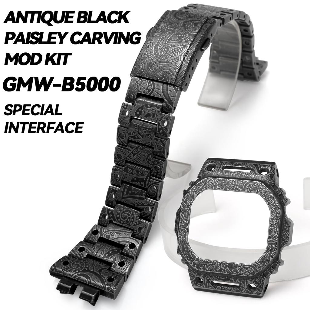 Korlexchi Metalllünette & Armband MOD-Kit für G-SHOCK GMW-B5000 Retro Schwarz 316L