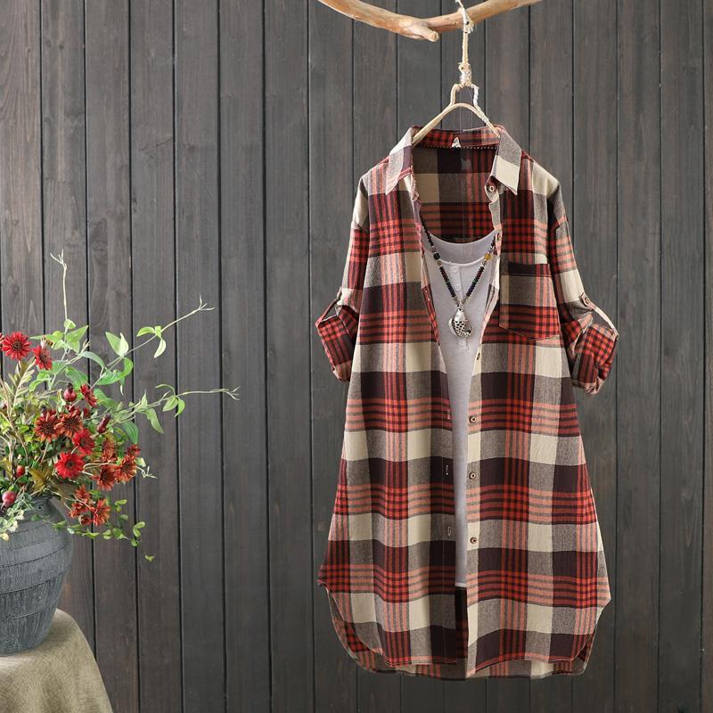 Übergröße Damen Freizeit Karo Knopf Print Langarm Hemd Bluse