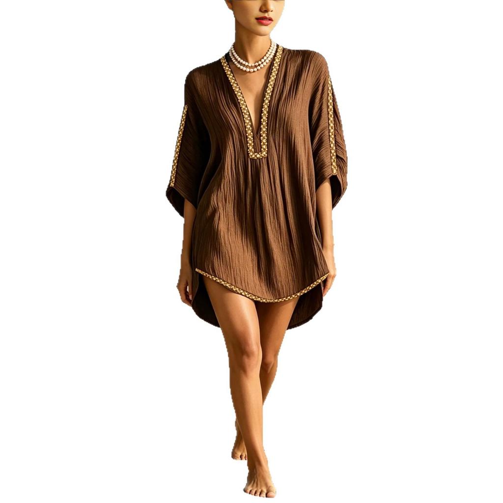 European and American summer new V-neck lace medium and long sexy short-sleeved women's loose temperament casual beach clothes