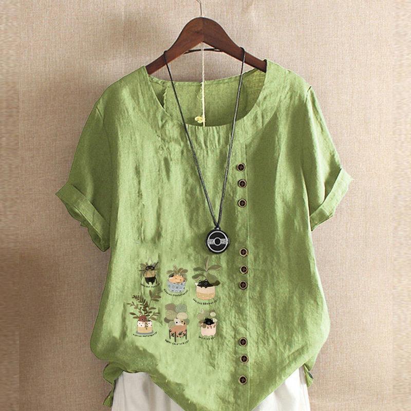 

Женская модная футболка с короткими рукавами и принтом милого кота, цветочный горшок, свободная хлопковая рубашка, повседневная свободная летняя блузка, топы больших размеров 5XL зелёный