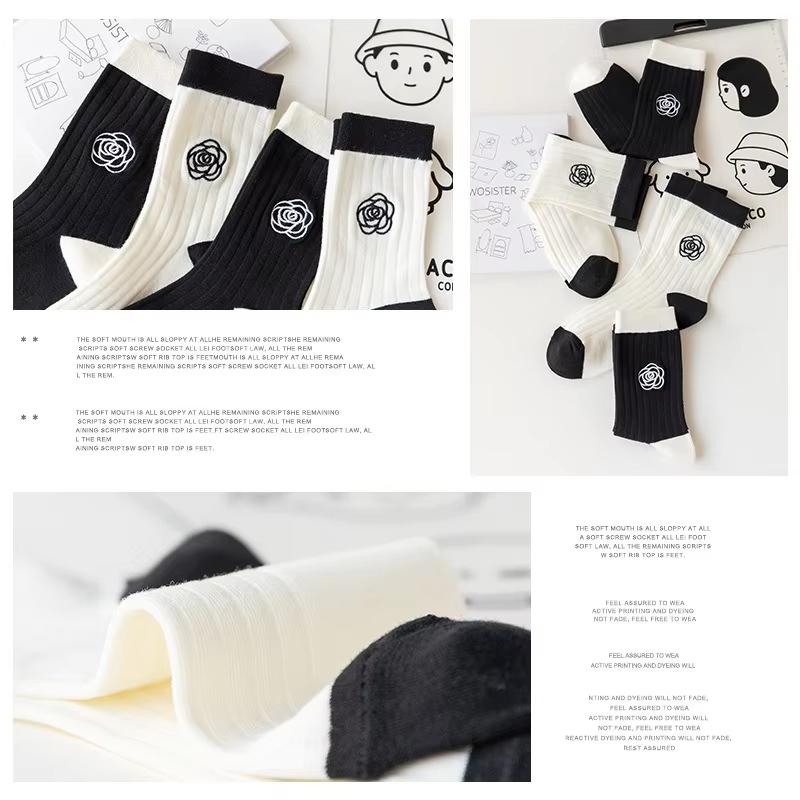 Sweet Lolita Flower Cotton Socks Japanese Camellia Rose Socks Women Girls Students Ins Skirt Matching Black White Mid-tube Sock