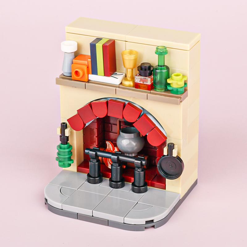 MOC Steine Mittelalter Alchemie Raum Küche Zauberer Trank Bausteine Teufelsquelle Schloss Straßenlaterne Hexen Figuren Szene Schädel