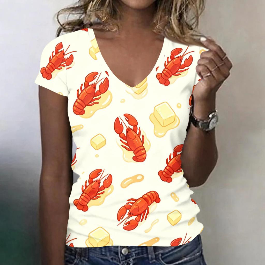 Women Casual V Neck Short Sleeve Top Lobster Print Lightweight Soft Fabric Summer Shirt for Daily Wear