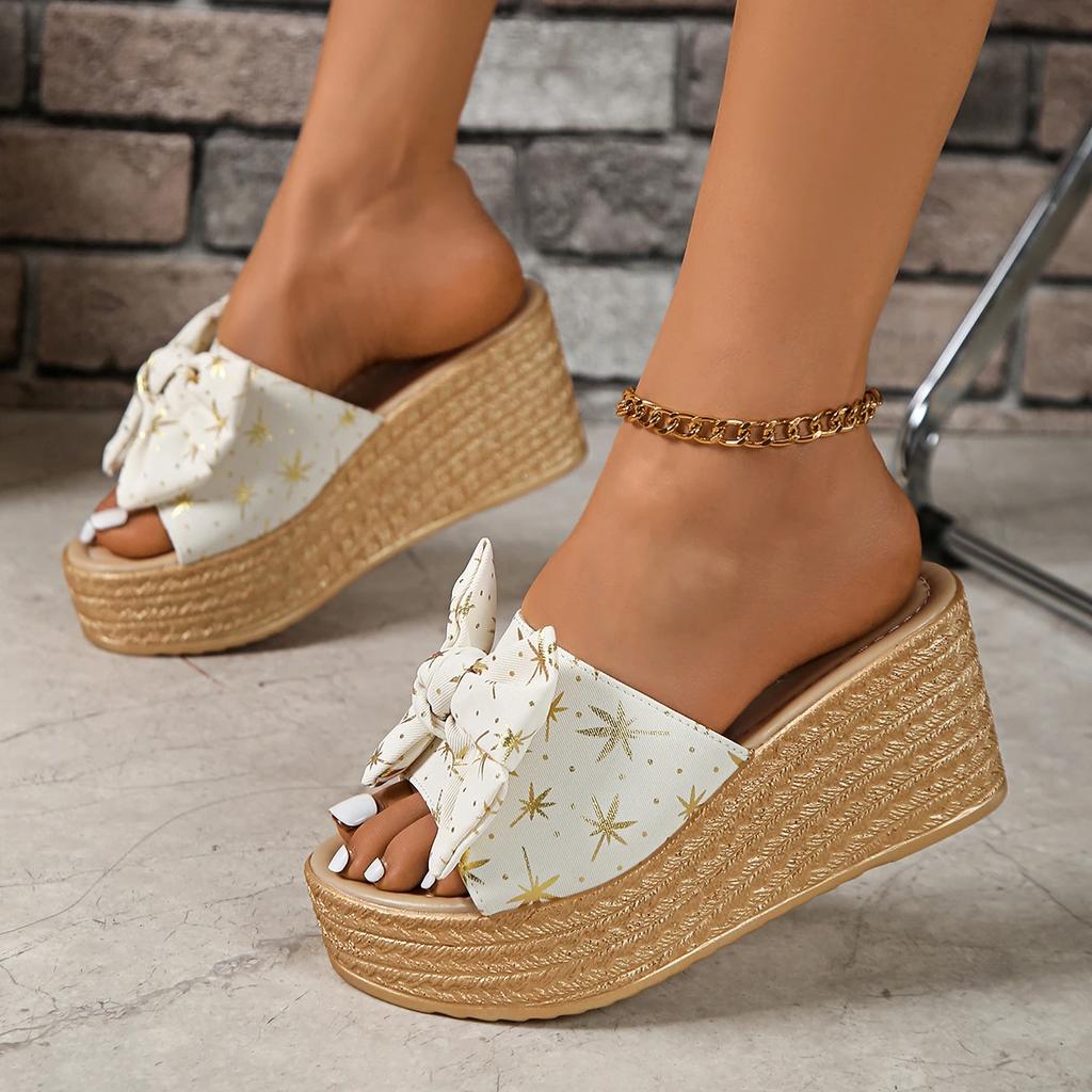 Fashion Star Bowtie Chunky Platform Wedge Sandals Women Summer 2025 Thick Bottom High Heels Slides Women Plus Size 35-42 Slippers Shoes