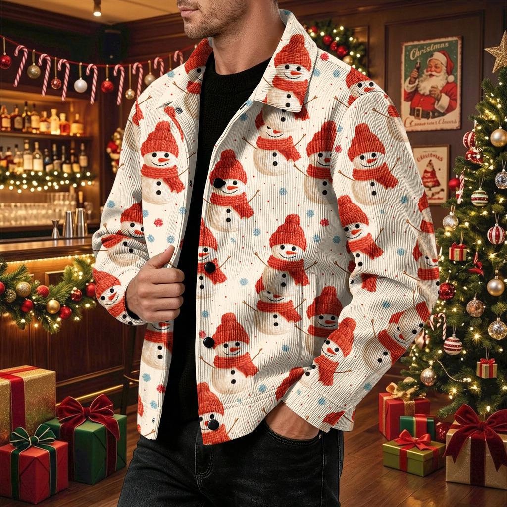 Men's Casual Loose Fit Long Sleeve Lapel Collar Jacket with Christmas Print for Fall