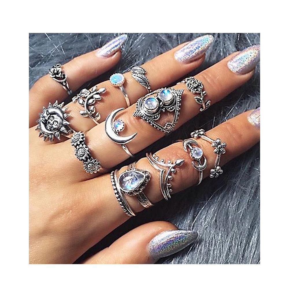 Vintage Engraved Black Gem Ring Personalized Turtle Flower Combination 16-piece Set for Women