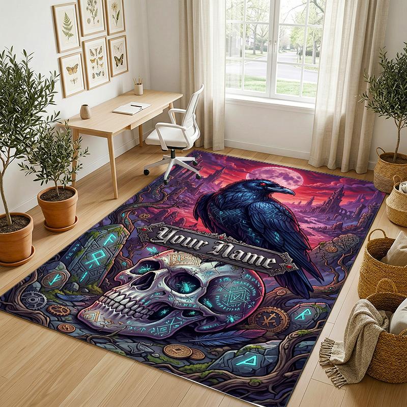 Eagle Skull Theme Soft Crystal Velvet Rug Custom Name & Text Print Non Slip Floor Rug for Bedroom Living Room