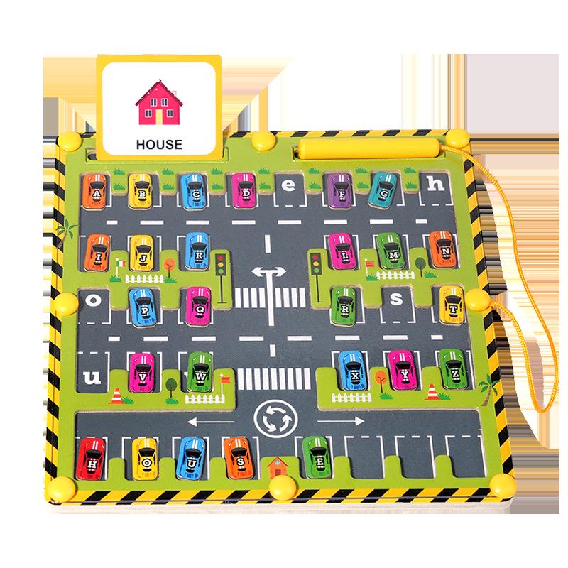 Kids' Wooden Train Garage Magnetic Maze Bead Game - Pen Control & Counting Board Educational Toy