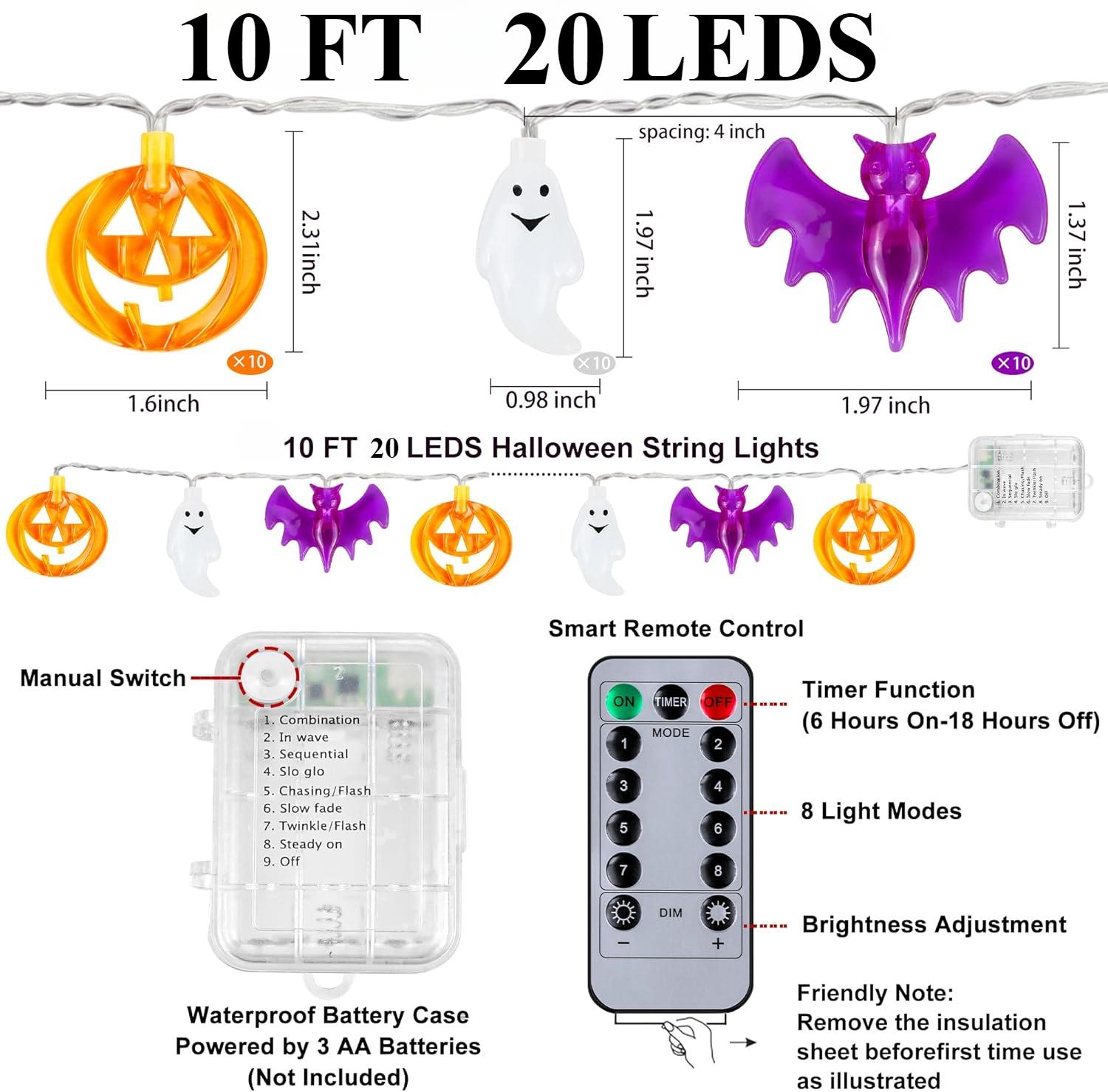 

Хэллоуинские гирлянды с таймером 20 светодиодов Призрак Летучая мышь Тыква Свет 8 режимов освещения Водонепроницаемые для украшения на Хэллоуинскую вечеринку 3 метра