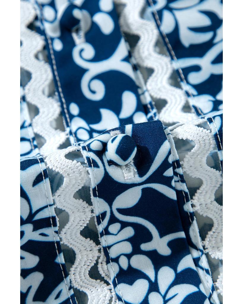 Azura Exchange Blue Floral Ric-rac Patchwork Button Loose Fit Shirt