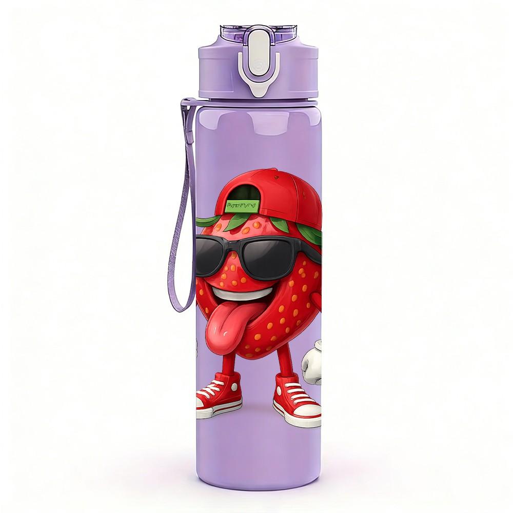1PC Cool Strawberry Character Cartoon 750ml Color Plastic Sports Water Bottle Leakproof Flip Straw Lid Suitable for Sports Office Home Use