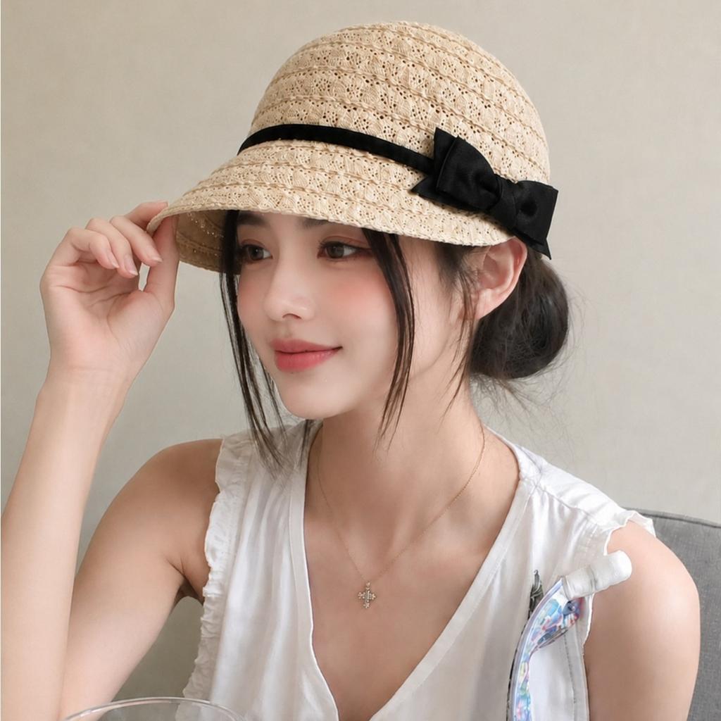 French Small Fragrance Style Bow Woven Knight Hat Women'S Spring And Summer Fashionable Temperament Sunshade Face Small Equestrian Hat