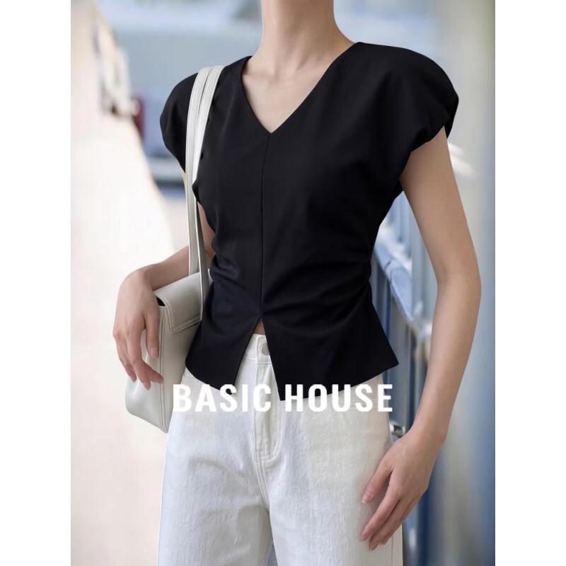 Basic House Women s V-Neck Flutter Sleeve T-Shirt L