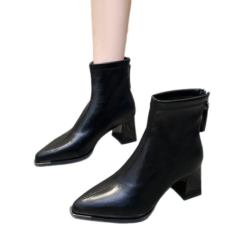 2025 autumn and winter new European and American style pointed head thick heel temperament short boots women's rear zipper high heel thin boots fash