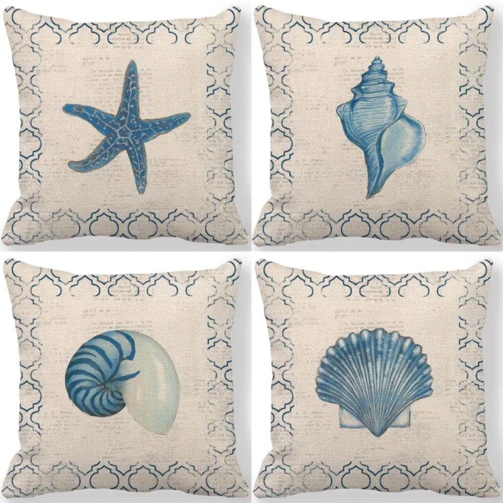 Shellfish Pillow Covers Beach Starfish Seashell Ocean Throw Pillow Case Bedroom Home Decor Cotton Linen Cushion Cover 18x18 Inch