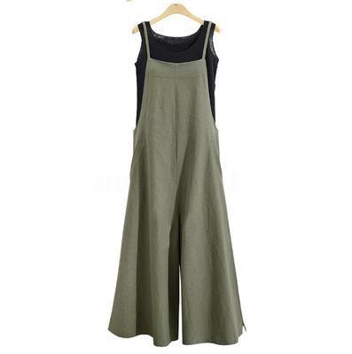 Women's Summer Sleeveless Jumpsuit Solid Color Wide Leg Bib Overalls Casual Loose Cotton Linen Straps