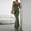 Women's Autumn Slim Fit Sexy Square Neck Knitted Solid Color Slim Fishtail Long Dresses