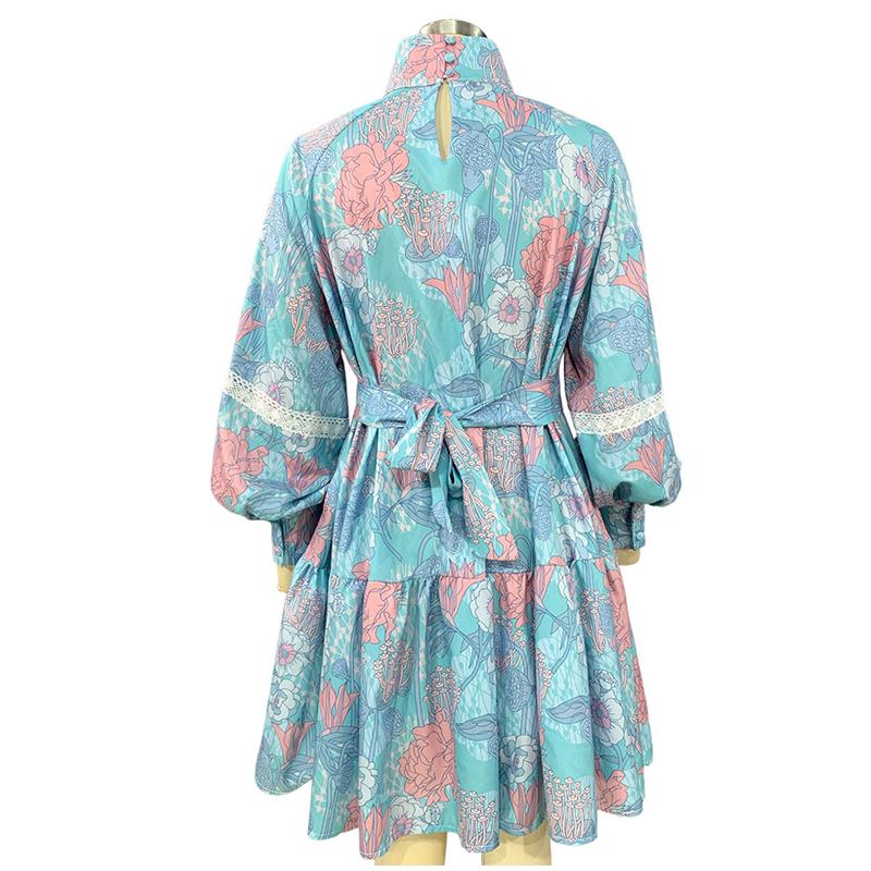 Woman Elegant Print Lace Up Dress Puff Sleeve High Waist Stand Collar Buttons Retro Dresses Autumn Fashion Party Mini Robe