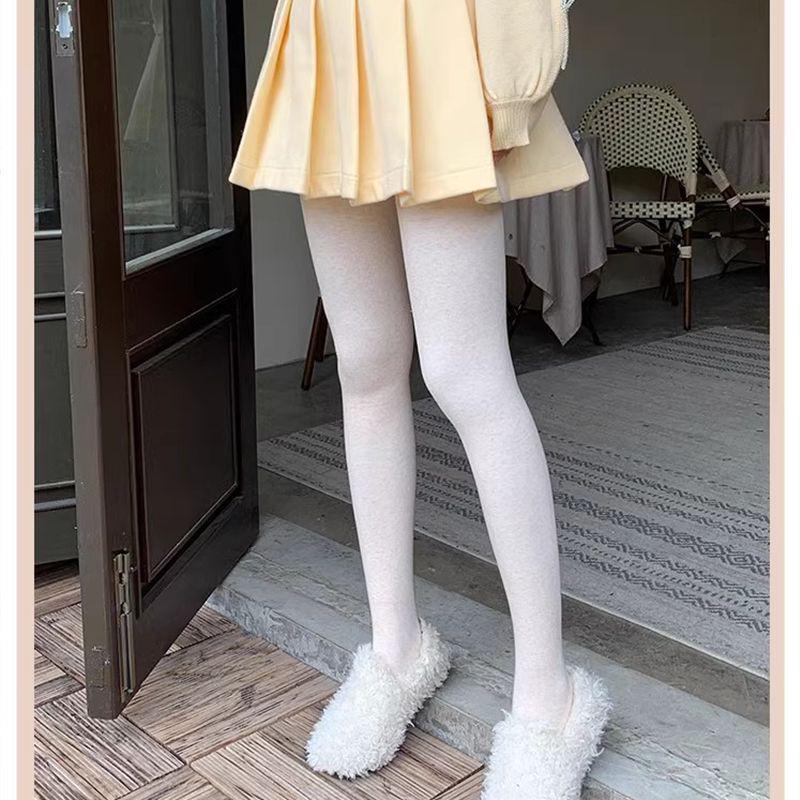 Women's High-Waist Cotton Leggings - Thick, Velvet-Lined, Stirrup Tights In Milk White & Beige for Autumn/Winter