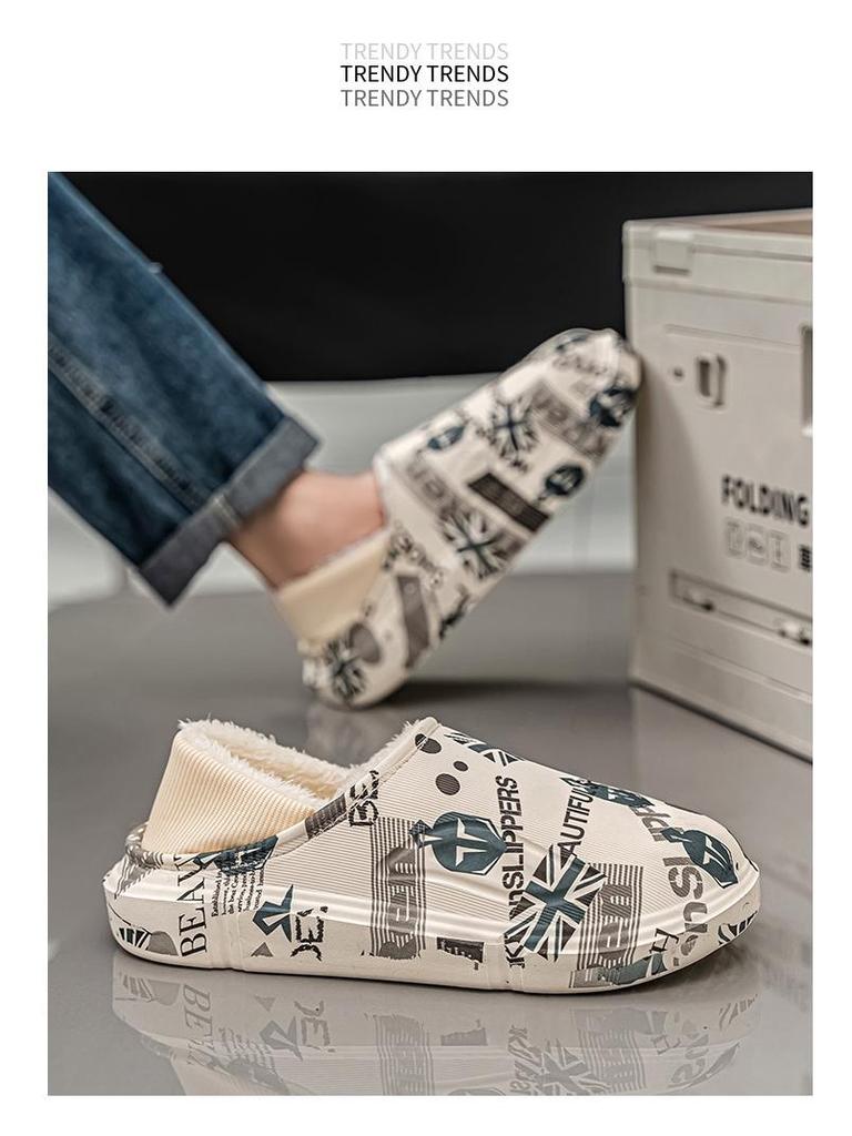 Men's Winter Waterproof Fleece-Lined Cotton Slippers - Plus Size, Dual-Use, Wrap-Heel, Half-Slippers for Outdoor & Home Use