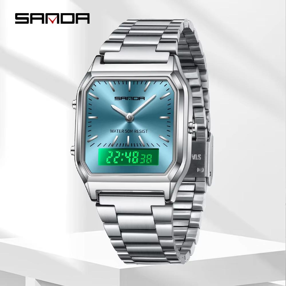 SANDA 747 Men's Quartz Digital Watch Waterproof Casual Fashion Watch Wear-resistant Stainless Steel Couple Strap Square Watch