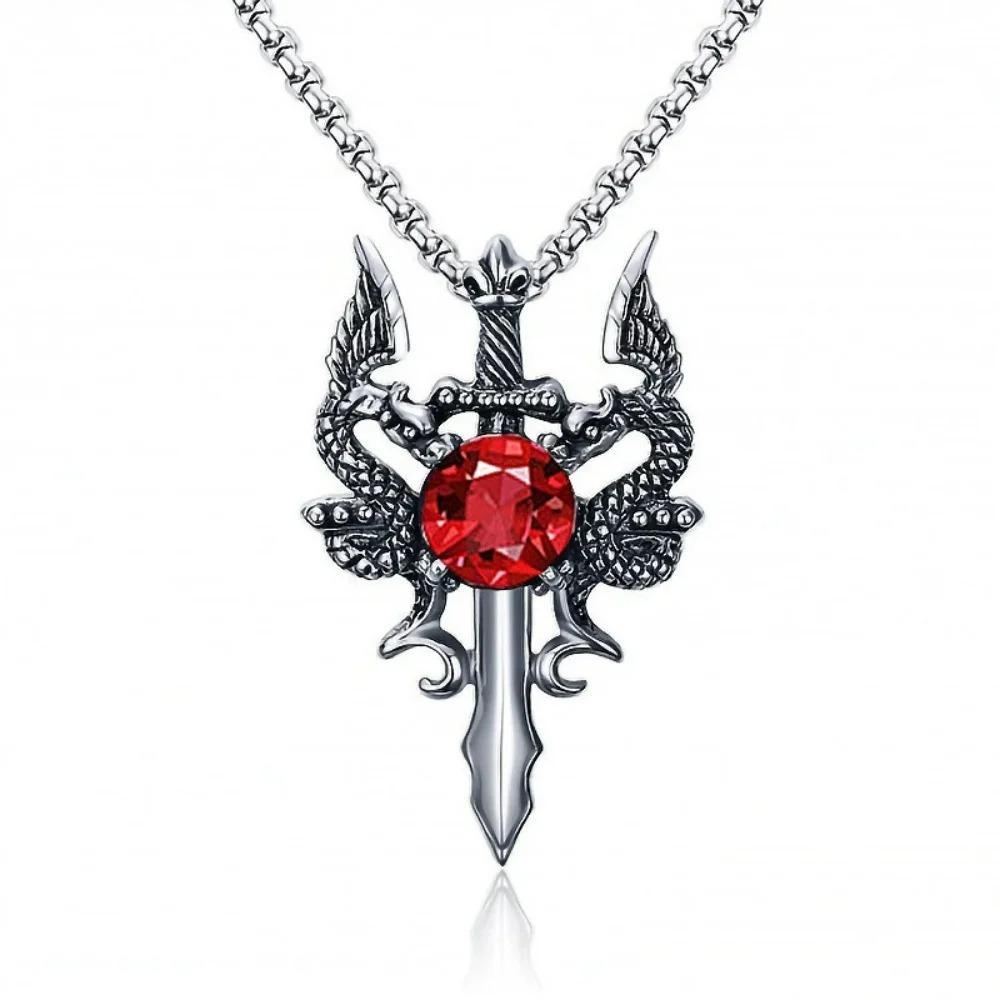 Punk Gothic Sword Womens Ancient Silver-color Evil Dragon Gem Pendant Necklace Personalized Fashion Street Sweater Chain