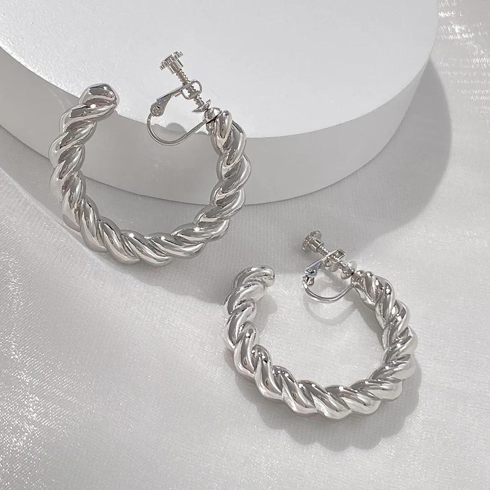 Vintage Oversize Chunky Round Circle Clip Earring for Women C Shape Tube Thick Without Pierced Hoop Earclips Jewelry Trendy