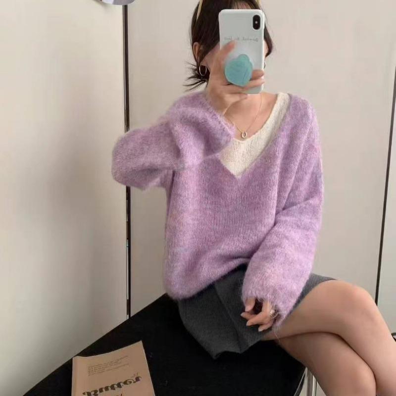 

Autumn new pullover fake two-piece sweater women s outer collar loose women s knitted autumn top One size лавандовый