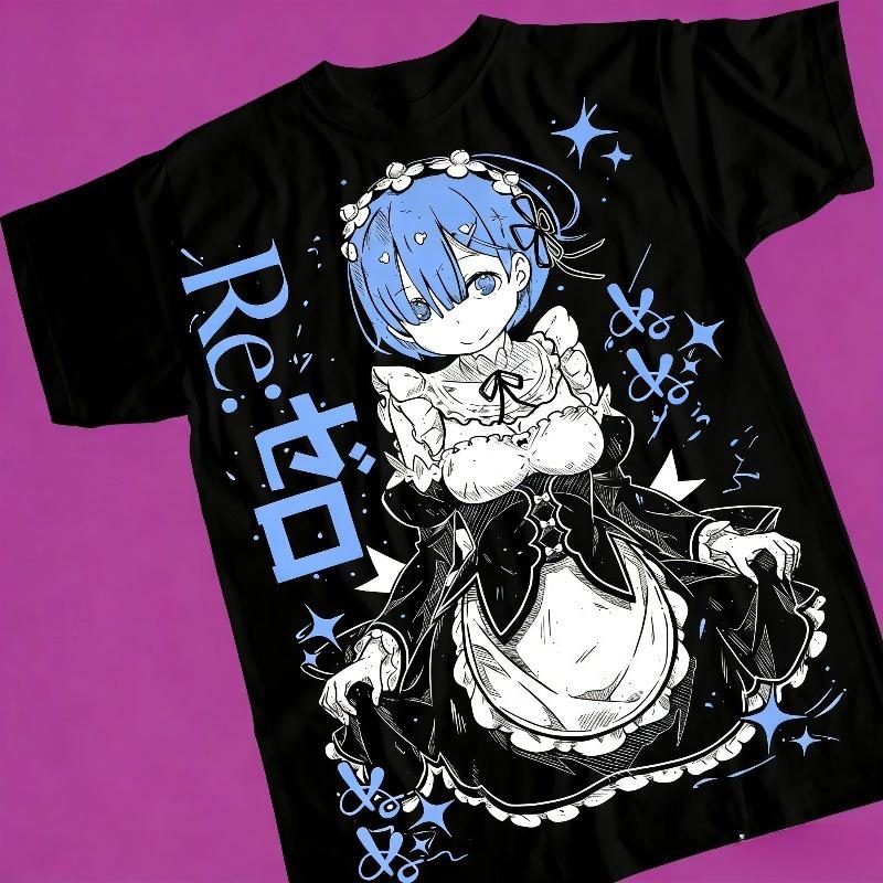 Летние Горячие Распродажи Футболка Re Zero Футболка Re Zero Эмилия Рем Япония Манга Аниме Мужская с Круглым Вырезом С Коротким Рукавом Футболка S
